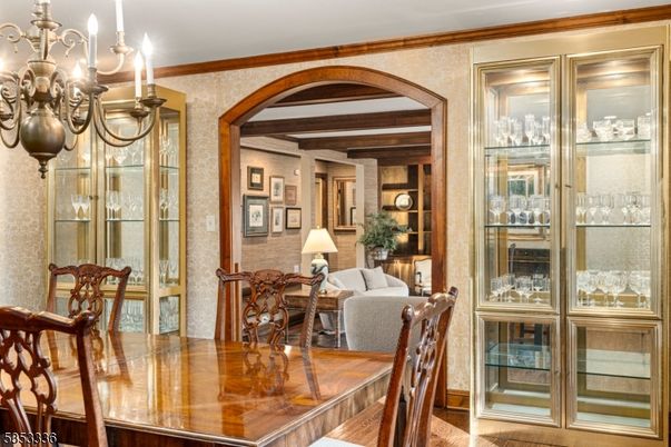 Chandelier, Dining room, Interior, Wood Texture Flooring