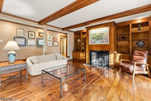 Fireplace, Interior, Living room, Recessed Lighting, Wooden Beams, Wood Texture Flooring