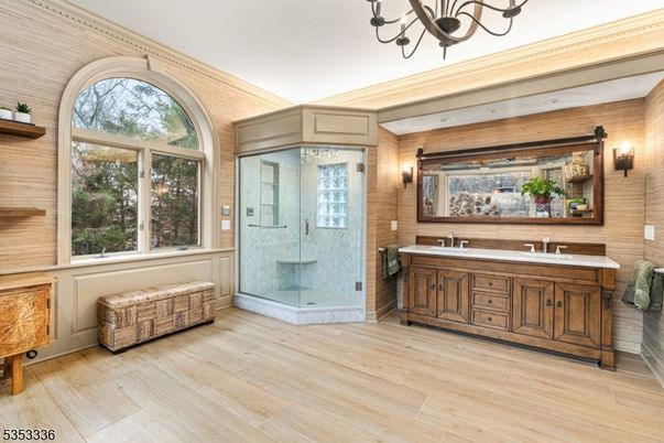 Bathroom, Glass Shower, Interior, Wood Texture Flooring