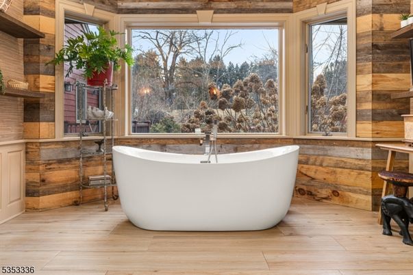 Bathroom, Free Standing Baths, Interior, Wood Texture Flooring, Wooden Walls
