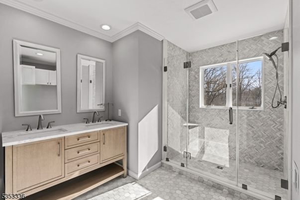 Bathroom, Dual Sink Vanities, Glass Shower, Interior, Recessed Lighting