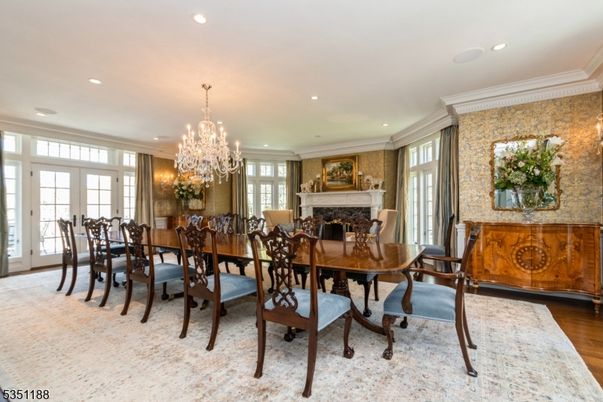 Chandelier, Dining room, Fireplace, Interior, Recessed Lighting, Wood Texture Flooring