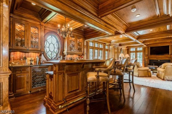 Chandelier, Fireplace, Interior, Living room, Recessed Lighting, Wooden Beams, Wooden Ceilings, Wood Texture Flooring, Wooden Walls