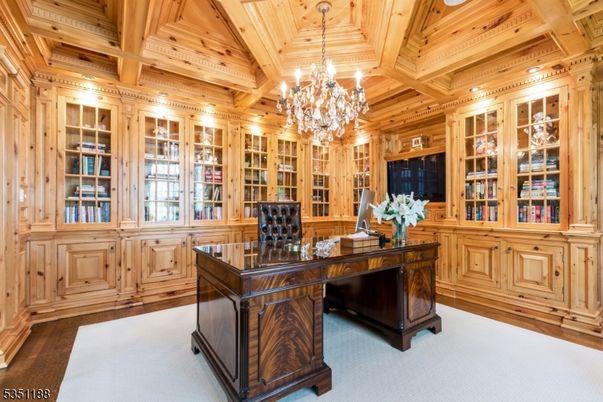 Chandelier, Home Office, Interior, Recessed Lighting, Wooden Beams, Wooden Ceilings, Wooden Walls