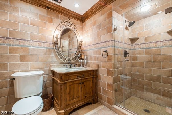 Bathroom, Glass Shower, Interior, Recessed Lighting, Stone Walls