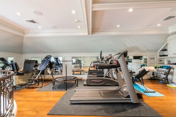 Fitness Equipment, Gym, Interior, Recessed Lighting, Wood Texture Flooring