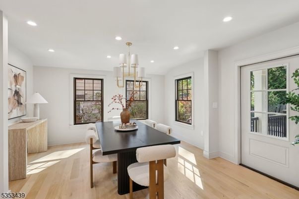 Chandelier, Dining room, Interior, Pendant Lights, Recessed Lighting, Wood Texture Flooring