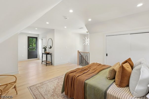 Bedroom, Interior, Pendant Lights, Recessed Lighting, Wood Texture Flooring