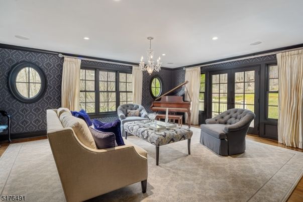 Chandelier, Interior, Living room, Piano, Recessed Lighting, Wood Texture Flooring