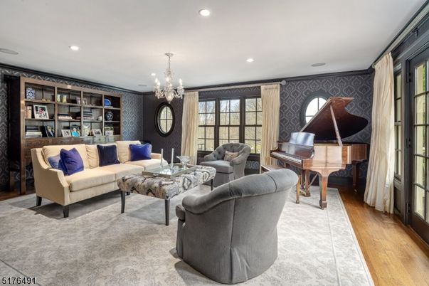 Chandelier, Interior, Living room, Piano, Recessed Lighting, Wood Texture Flooring