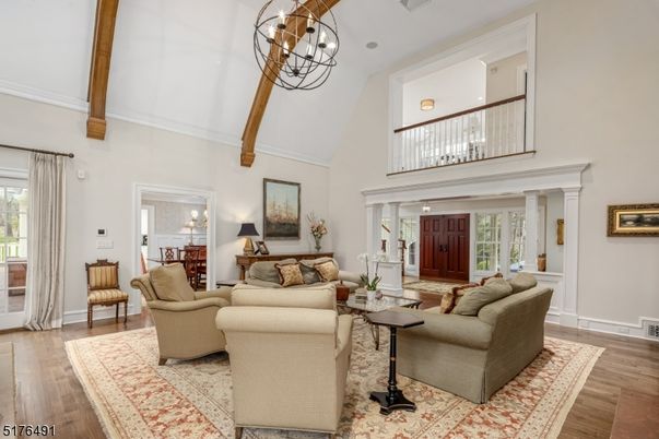 Chandelier, Interior, Living room, Pendant Lights, Wooden Beams, Wood Texture Flooring