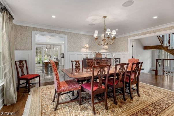 Chandelier, Dining room, Interior, Recessed Lighting, Wood Texture Flooring