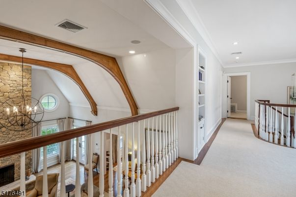 Chandelier, Fireplace, Interior, Recessed Lighting, Stone Walls, Wooden Beams