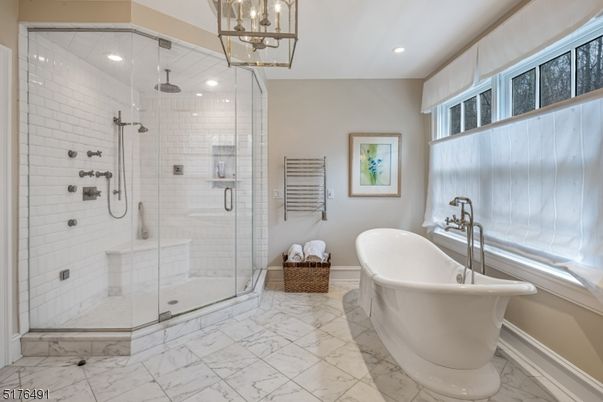 Bathroom, Free Standing Baths, Glass Shower, Interior, Marble, Pendant Lights, Recessed Lighting
