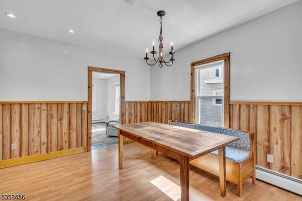 Chandelier, Dining room, Interior, Recessed Lighting, Wood Texture Flooring