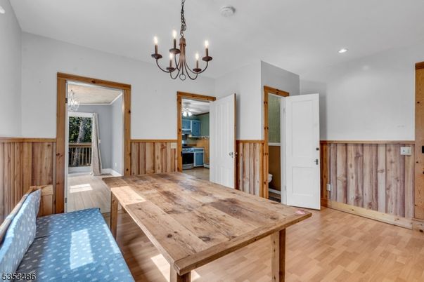 Chandelier, Dining room, Interior, Recessed Lighting, Wood Texture Flooring