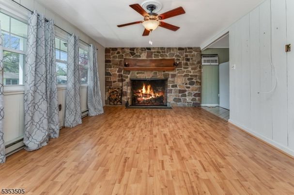 Empty room, Fireplace, Interior, Stone Walls, Wood Texture Flooring