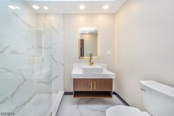 Bathroom, Glass Shower, Interior, Marble, Marble Walls, Recessed Lighting