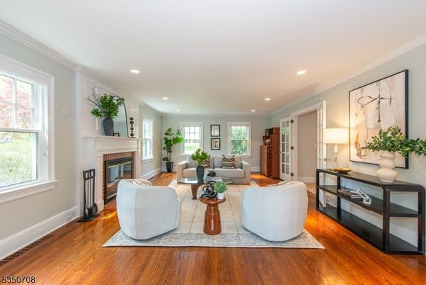 Fireplace, Interior, Living room, Recessed Lighting, Wood Texture Flooring