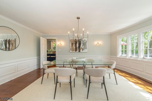 Dining room, Interior, Pendant Lights, Wood Texture Flooring