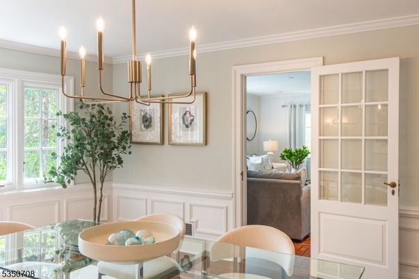 Chandelier, Dining room, Interior, Wood Texture Flooring