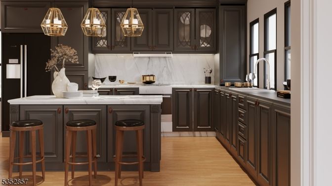 Interior, Kitchen, Marble Walls, Pendant Lights, Wood Texture Flooring
