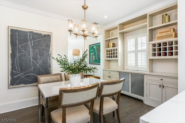 Dining room, Interior, Pendant Lights, Recessed Lighting, Wood Texture Flooring