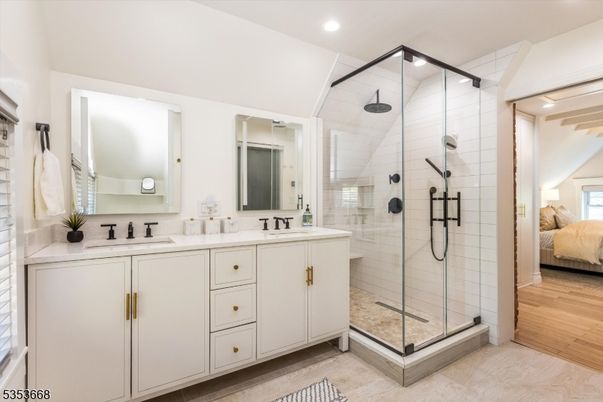Bathroom, Bedroom, Dual Sink Vanities, Glass Shower, Interior, Recessed Lighting, Wood Texture Flooring