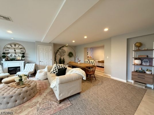 Dining room, Fireplace, Interior, Living room, Recessed Lighting