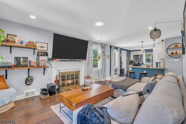 Fireplace, Interior, Kitchen, Living room, Pendant Lights, Recessed Lighting, Stainless Steel Appliances, Wood Texture Flooring