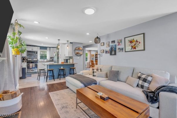 Interior, Kitchen, Living room, Pendant Lights, Recessed Lighting, Stainless Steel Appliances, Wood Texture Flooring