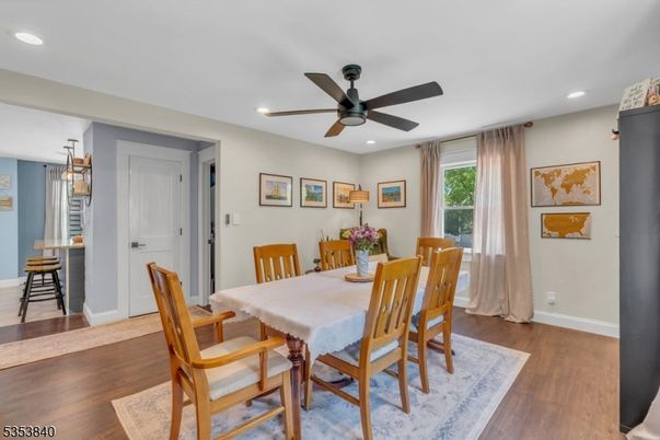 Dining room, Interior, Pendant Lights, Recessed Lighting, Wood Texture Flooring
