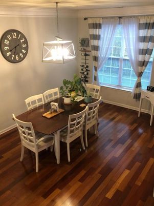 Dining room, Interior, Pendant Lights, Wood Texture Flooring