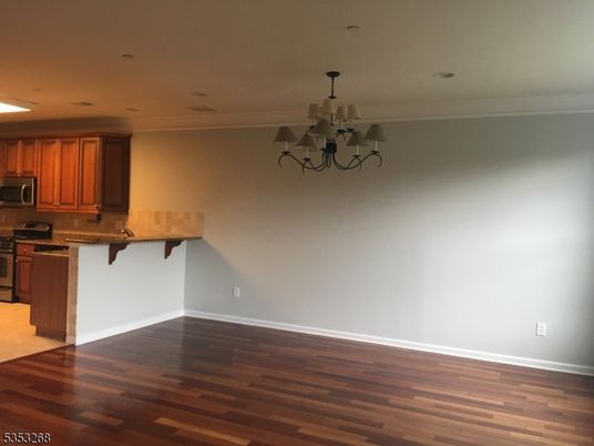 Chandelier, Empty room, Interior, Kitchen, Recessed Lighting, Wood Texture Flooring