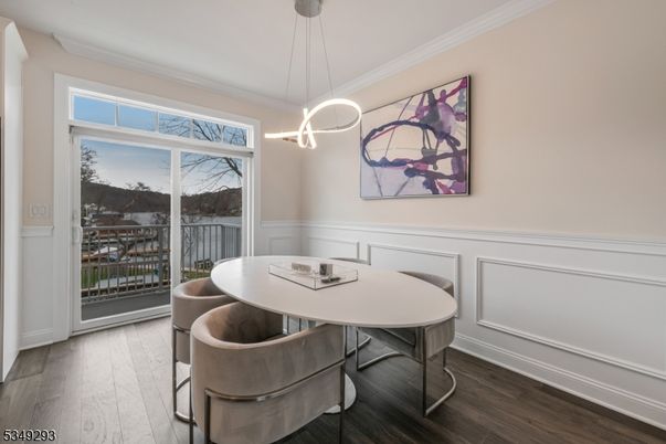Dining room, Interior, Pendant Lights, Wood Texture Flooring
