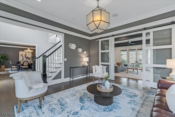Chandelier, Dining room, Interior, Living room, Pendant Lights, Recessed Lighting, Wood Texture Flooring