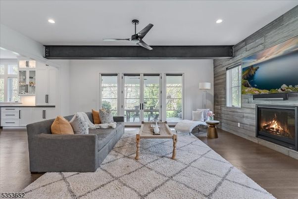 Fireplace, Interior, Living room, Recessed Lighting, Wooden Beams, Wood Texture Flooring