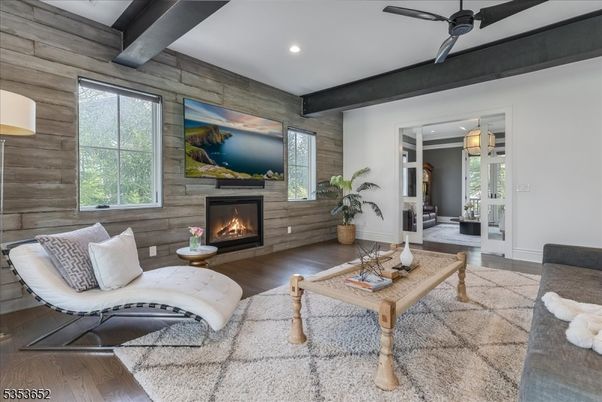 Fireplace, Interior, Living room, Recessed Lighting, Wooden Beams, Wood Texture Flooring, Wooden Walls