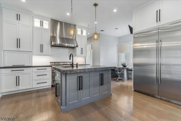Interior, Kitchen, Pendant Lights, Recessed Lighting, Stainless Steel Appliances, Wood Texture Flooring