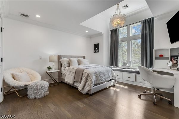 Bedroom, Chandelier, Home Office, Interior, Recessed Lighting, Wood Texture Flooring
