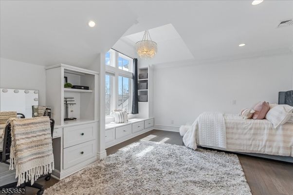 Bedroom, Chandelier, Interior, Recessed Lighting, Wood Texture Flooring