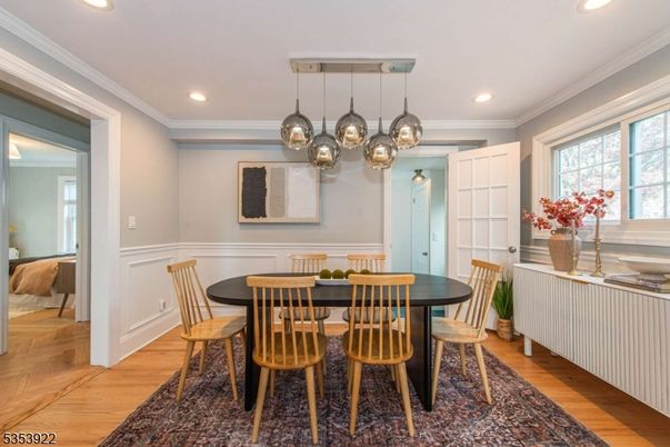 Dining room, Interior, Pendant Lights, Recessed Lighting, Wood Texture Flooring
