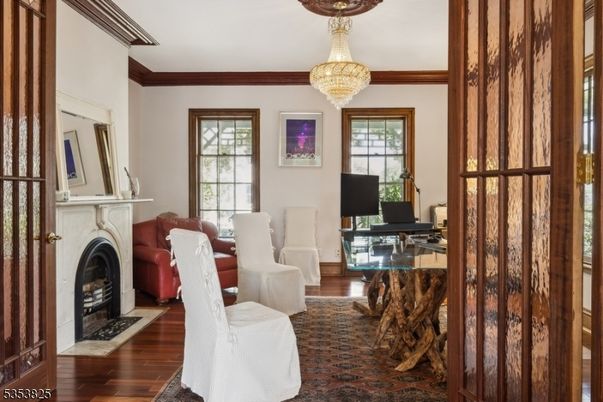 Chandelier, Fireplace, Home Office, Interior, Wood Texture Flooring