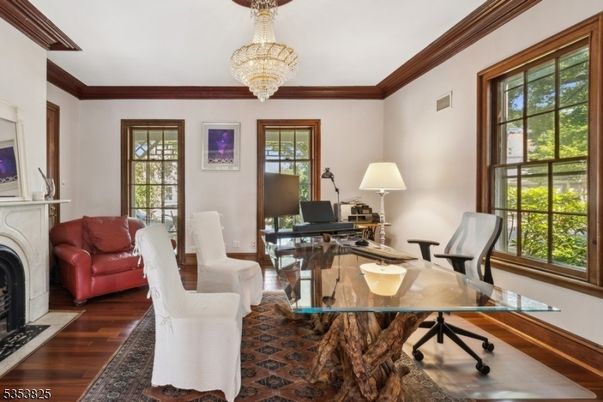 Chandelier, Fireplace, Home Office, Interior, Wood Texture Flooring