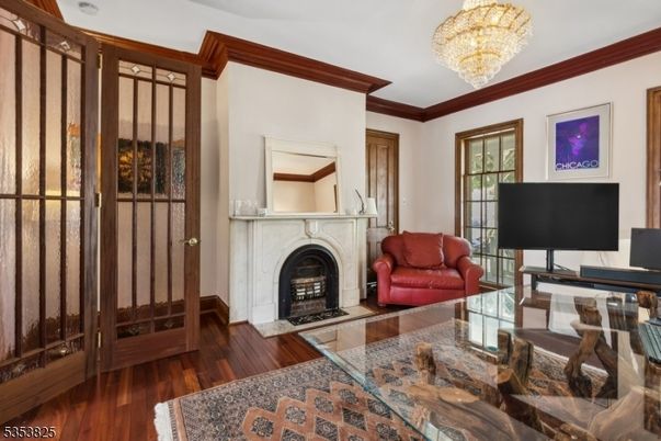 Chandelier, Fireplace, Interior, Living room, Wood Texture Flooring