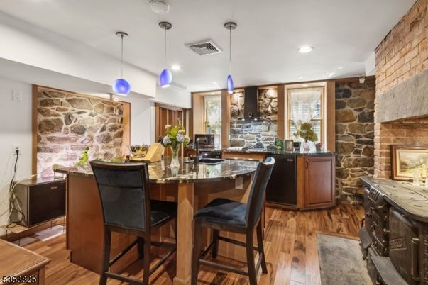 Interior, Kitchen, Pendant Lights, Recessed Lighting, Stone Walls, Wood Texture Flooring