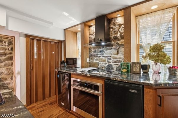 Interior, Kitchen, Recessed Lighting, Stainless Steel Appliances, Stone Walls, Wood Texture Flooring