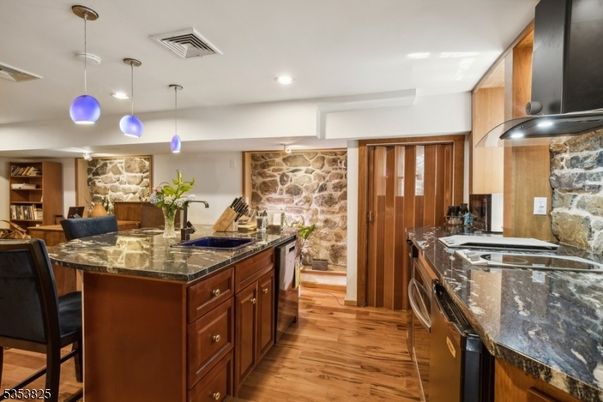 Interior, Kitchen, Pendant Lights, Recessed Lighting, Stone Walls, Wood Texture Flooring