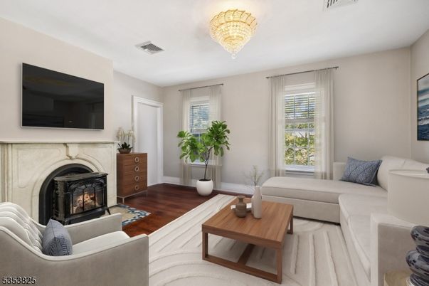 Chandelier, Fireplace, Interior, Living room, Wood Texture Flooring