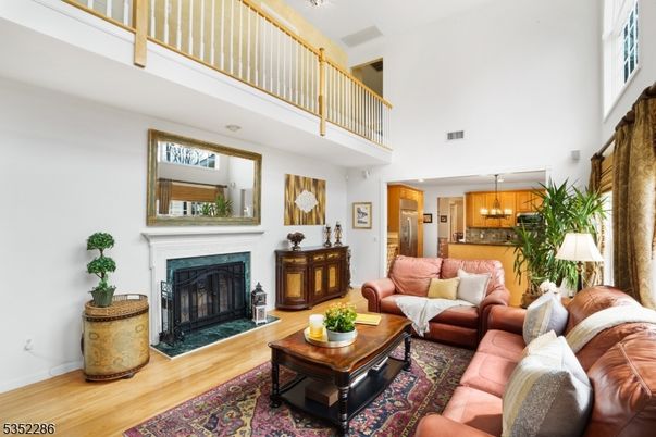 Fireplace, Interior, Kitchen, Living room, Pendant Lights, Wood Texture Flooring